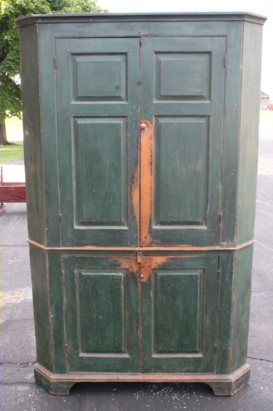 19th C NE Green Painted Corner Cupboard (1 of 3)