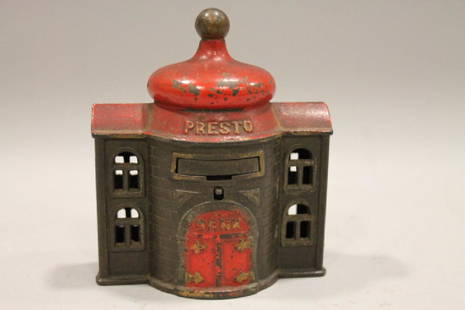 1892 Presto Mechanical Cast Iron Bank: 1892 Kenton Hardware Co., Ohio "Presto" cast iron mechanical bank. Push plunger on front and drawer opens, place coin in drawer and close, 4 1/2" H. Good working condition.