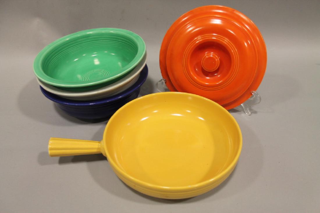 Fiesta Serving Bowls: Fiesta 3 rimmed serving bowls and 1 bowl with handle, one odd 8" lid.