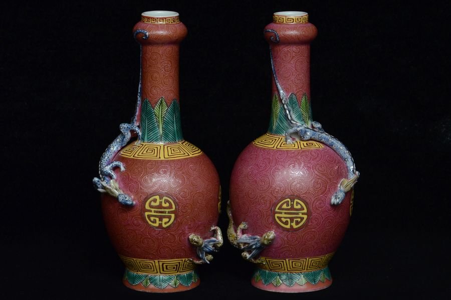 Pair of Chinese Dragon Vases Qianlong Mark: 6 3/4 x 3 1/2 x 3 in.