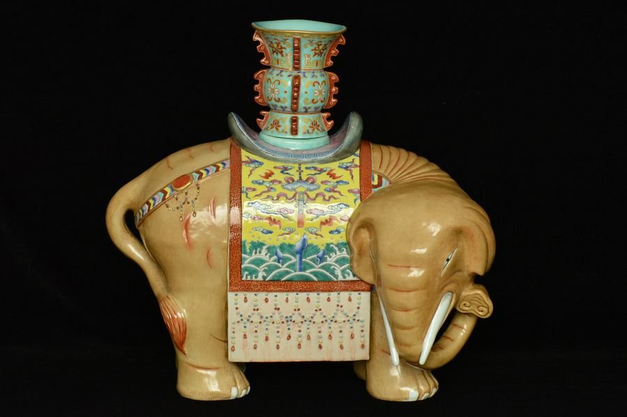 $1 Chinese Porcelain Elephant Candle Holder 18th C: 13 3/4 x 13 x 8 1/2 in.