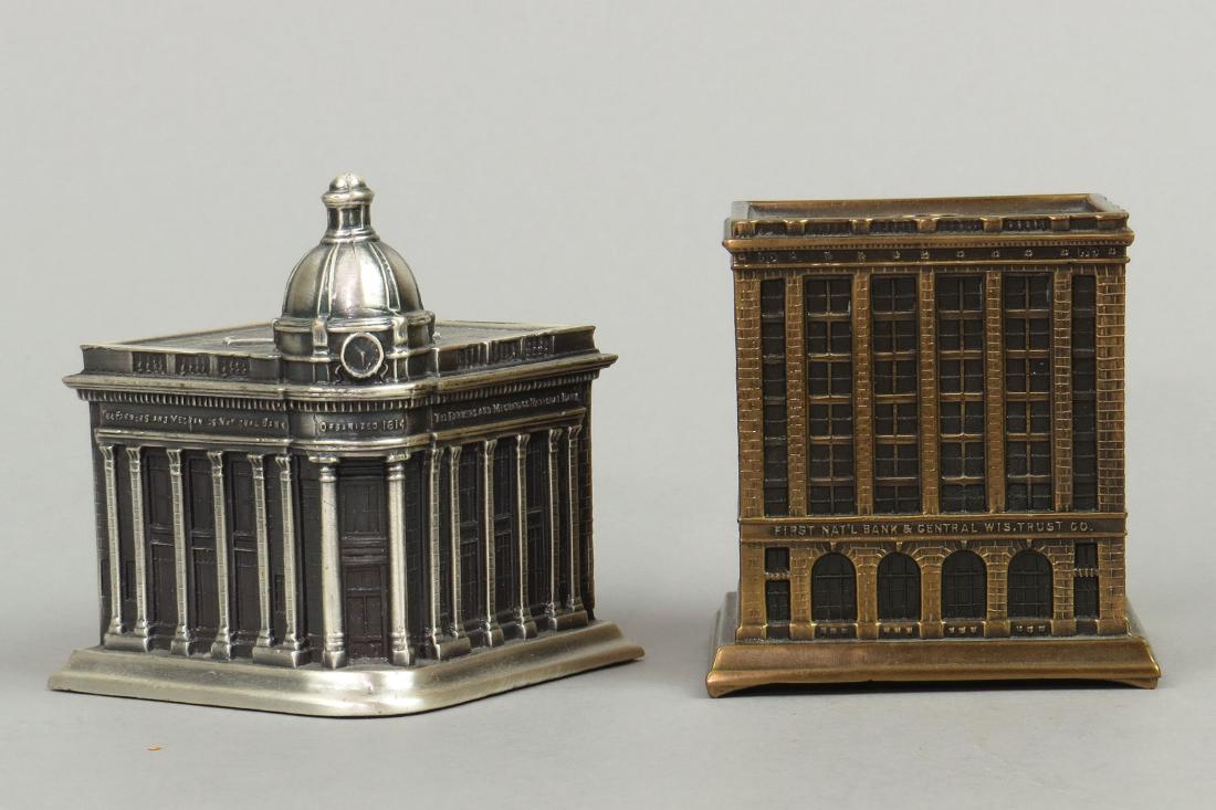 Lot of 2 Lead Repro. Building Banks: 2 Repro. Building Banks, Lead: "The Farmers and Mechanics National Bank", M N/L, 3 1/2"; "First National and Central Wisconsin Trust Co.", M N/L, 3 1/8", Both banks marked 1996