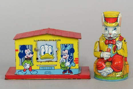 Lot of 2 Tin Chein Mechanical Banks: 2 Chein Mech. Banks, Tin: "2nd National Duck", missing trap; "Uncle Wiggley"