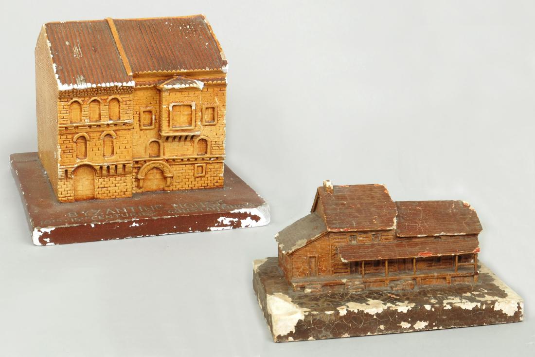 Lot of 2 Chalk Souvenir Buildings: 2 Souvenir Buildings, Chalk: "Byzantine House 10th - 15th Centurios-Constantinople", 7 5/8"; "Nixon Taverin - Fairchance, PA", 5 5/8"; Both marked "WPA 2 Penna"