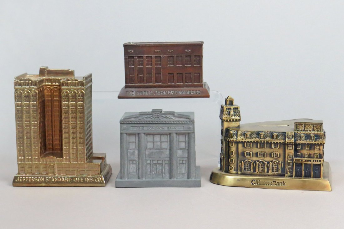 Lot of 4 PM Building Banks: 4 Building Banks, PM: "Jefferson Standard Life Ins"; "The Dominion Bank"; "The National Bank of Commerce, Jackson, Tenn."; "Citizens Bank" w/key