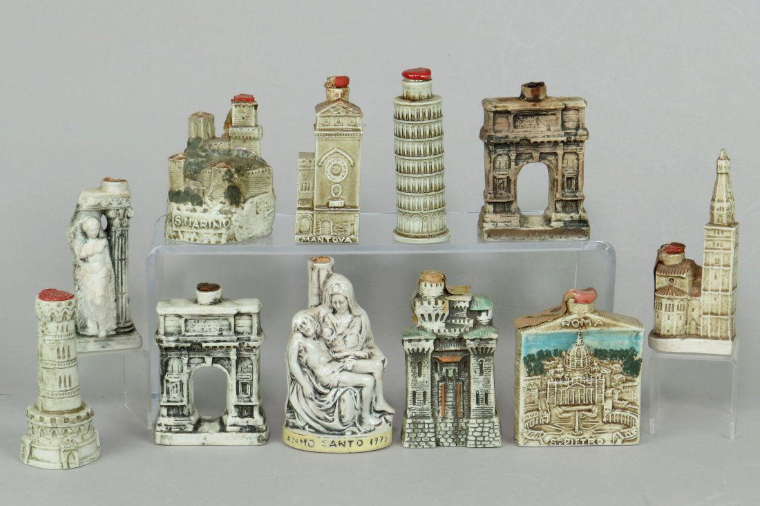 Lot of 11 Ceramic Italian Souvenir Bldg. Flasks/Statues: 11 Italian Souvenir Building Flasks and Statues, Ceramic, Mostly Roman items