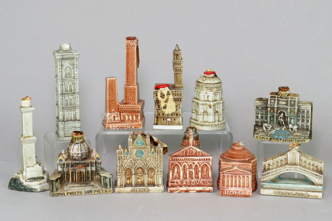 Lot of 11 Ceramic Italian Souvenir Bldg. Flasks: 11 Italian Souvenir Building Flasks, Ceramic, Mostly Roman items