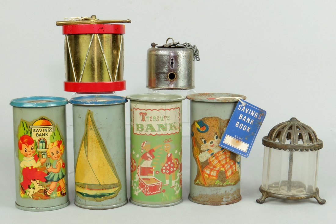 Lot of 7 SM/Glass/PM Misc. Banks: 7 Misc. Banks, SM/Glass/PM: 4 Cylinder banks; Drum w/lock and key; "Save and Have" Deposit Developer w/key; "Crystal Bank", M926, 3 7/8"