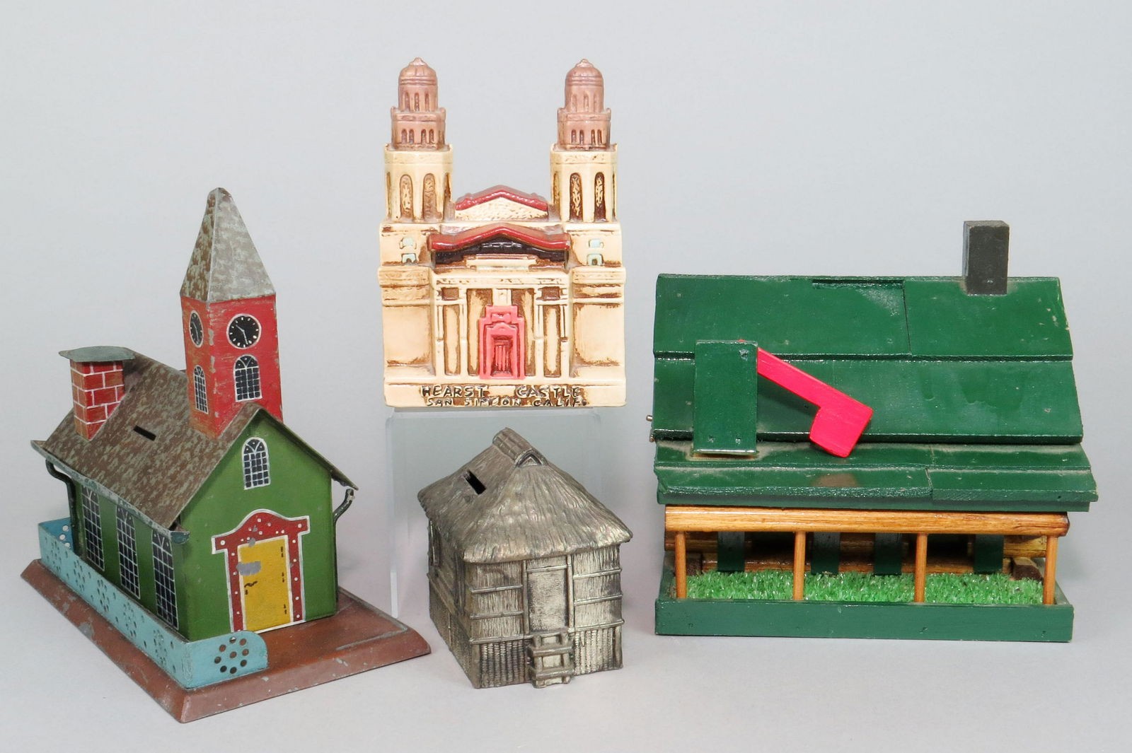 Lot of 4 Wood/Ceramic/PM/Metal Building Banks (1 of 2)