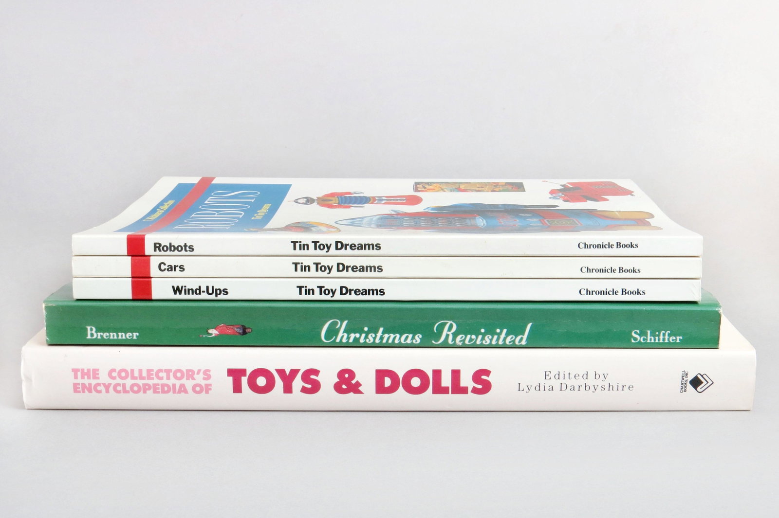 Lot of 5 Books about Antique Toys and Collectibles: 5 Books about Antique Toys and Collectibles: "Tin Toy Dreams, Robots"; "Tin Toy Dreams, Cars"; "Tin Toy Dreams, Wind Ups"; "Christmas Revisited", Brenner; "Collector's Encyclopedia of Toys and Dolls",