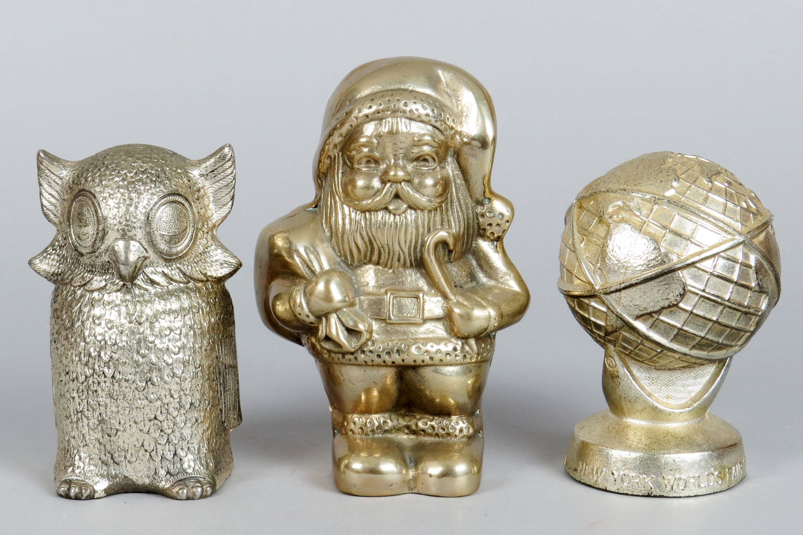 Lot of 3 PM Misc. Banks: 3 Misc. Banks, PM: Owl w/key; Santa w/Pack; "New York World's Fair 1964 - 1965 Unisphere"