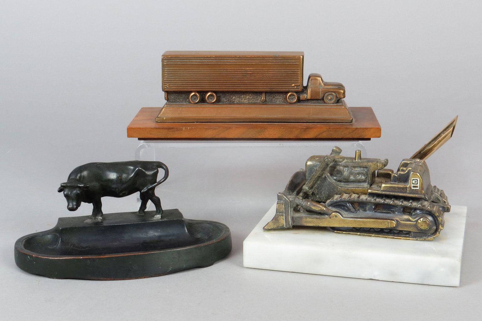 Lot of 3 PM/Wood/Marble Desk Top and Adv. Items: 3 Desk Top and Adv. Items, PM/Wood/Marble: Bull w/tray; Semi-trailer; Bull Dozer Pen Holder