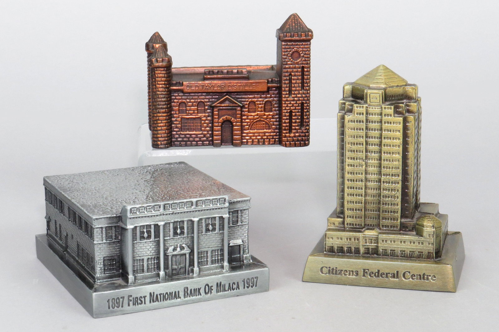 Lot of 3 PM Building Banks: 3 Building Banks, PM: "First National Bank Milaca"; "Old Taylor Distillery"; "Citizens Federal Centre"