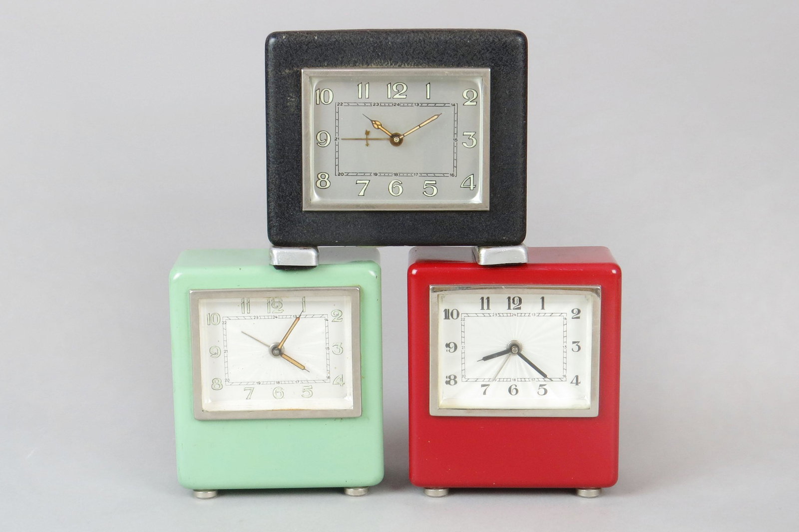 Lot of 3 German Clock Banks: 3 Clock Banks, German, Metal/Glass: Black, has key; Green; Red