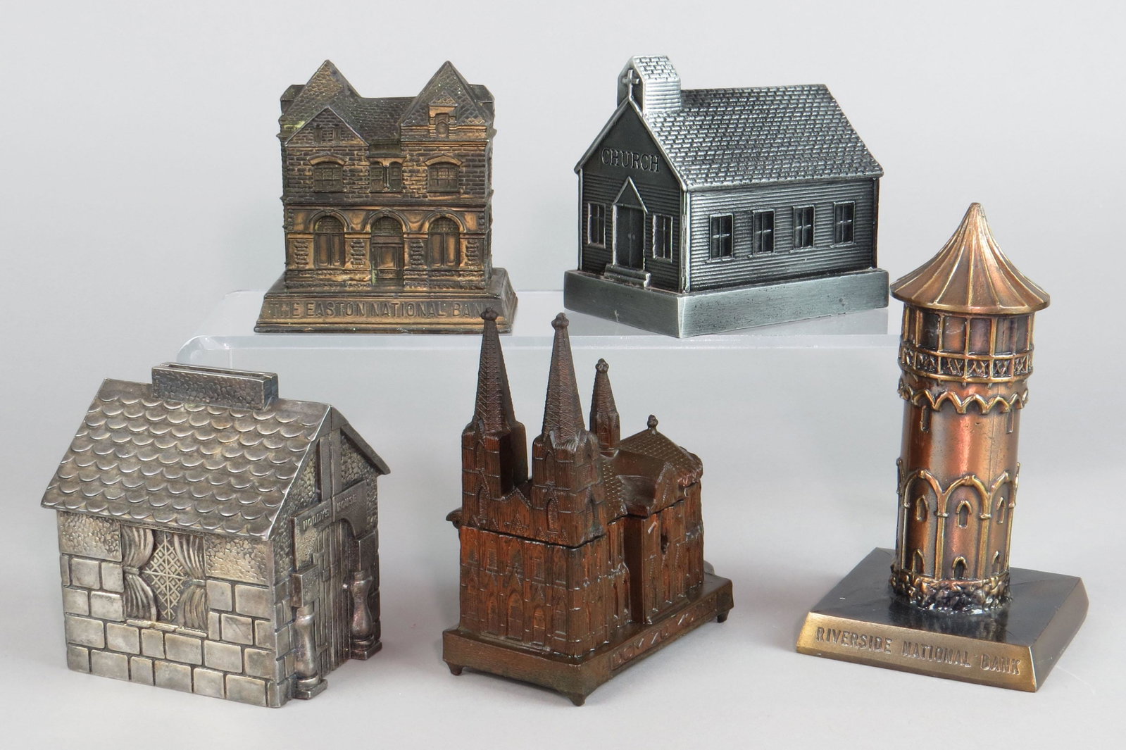 Lot of 5 Lead/PM/Metal Building Banks: 5 Building Banks, Lead/PM/Metal: "Noddy's House", has plastic trap; "The Easton National Bank"; "Dom Koln", NOT A BANK; "Church"; "Riverside National Bank"