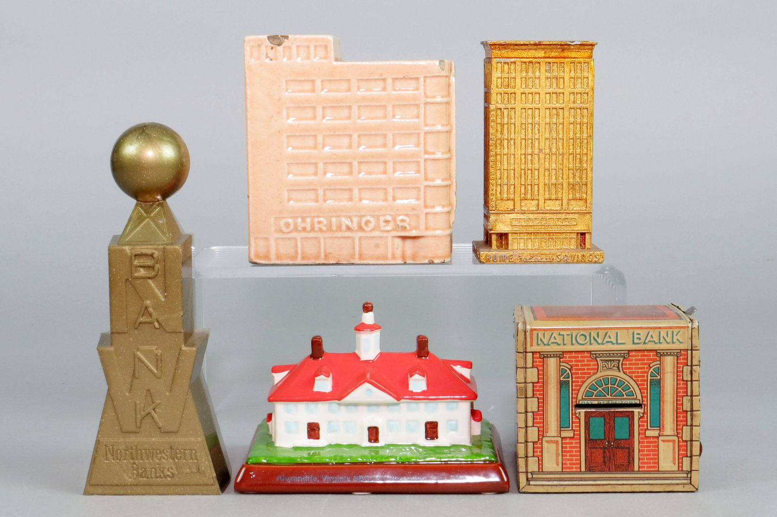 Lot of 5 Bldg. Banks, Tin/Plastic/Ceramic: 5 Building Banks, Tin/Plastic/Ceramic: "Northwestern Banks" Weatherball; "Ohringer Home Furniture", Has chips; "Mount Vernon"; "Home Ideal Savings" Bank; "National Bank"