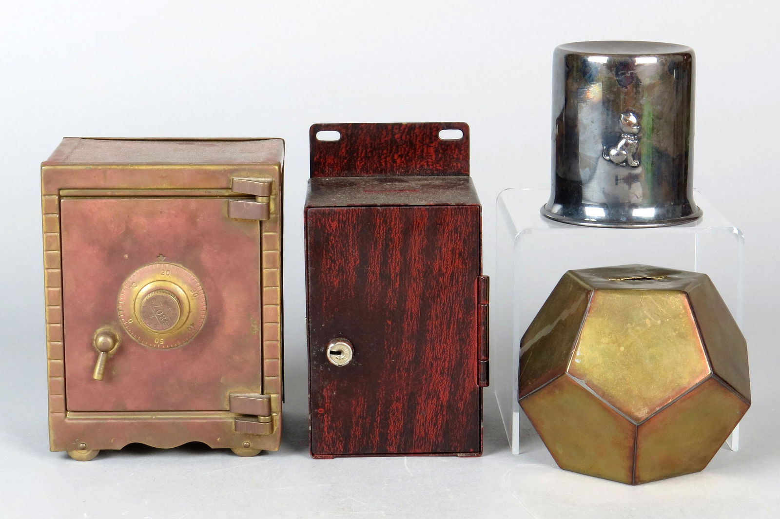 Lot of 4 Metal Misc. Banks: 4 Misc. Banks, Metal: Hanging Safe; Safe on Wheels; Cylinder with Dog Embellishment; 12 Sided Bank