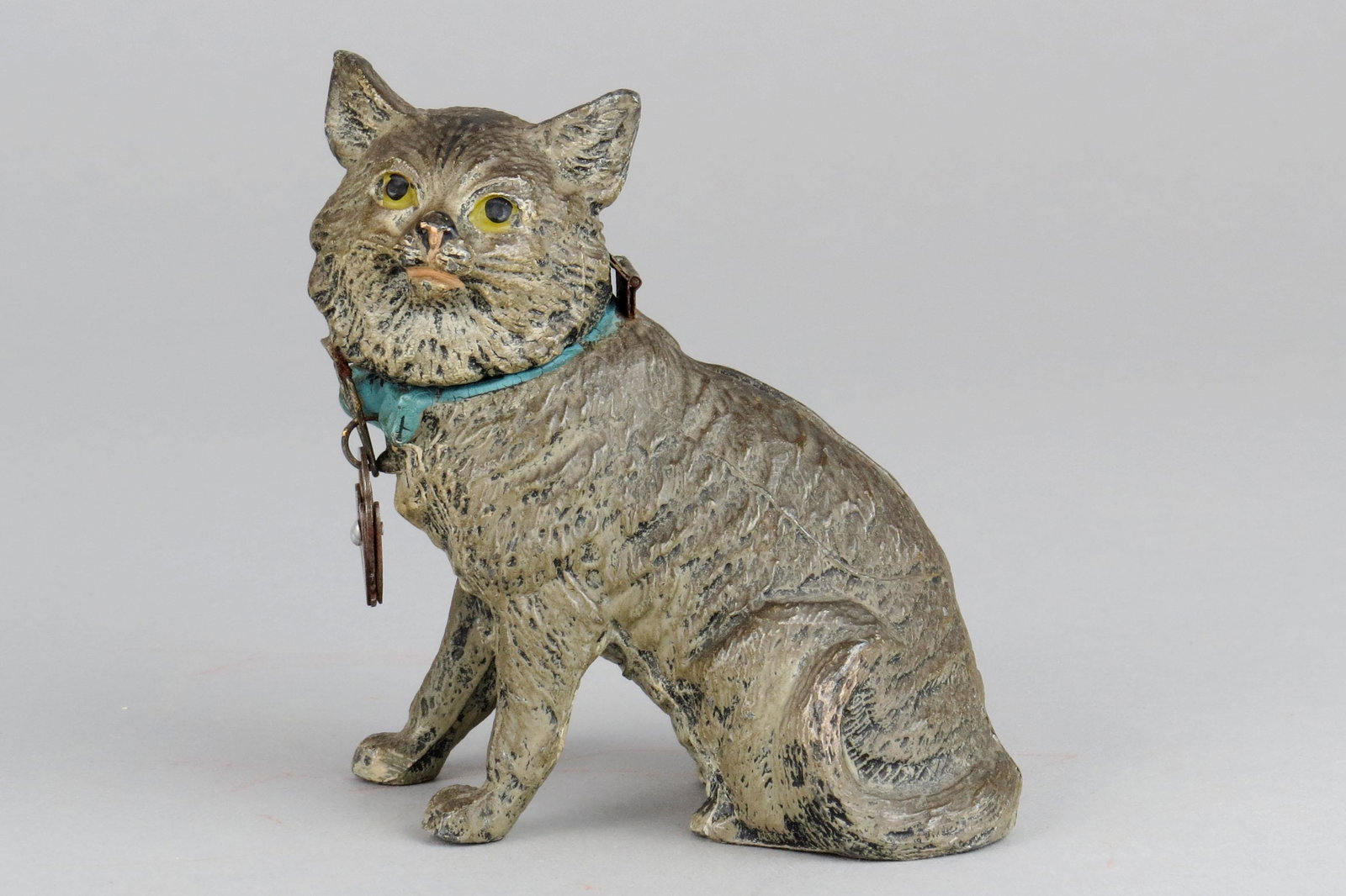 Spelter Seated Cat w/Blue Bow Bank (1 of 2)
