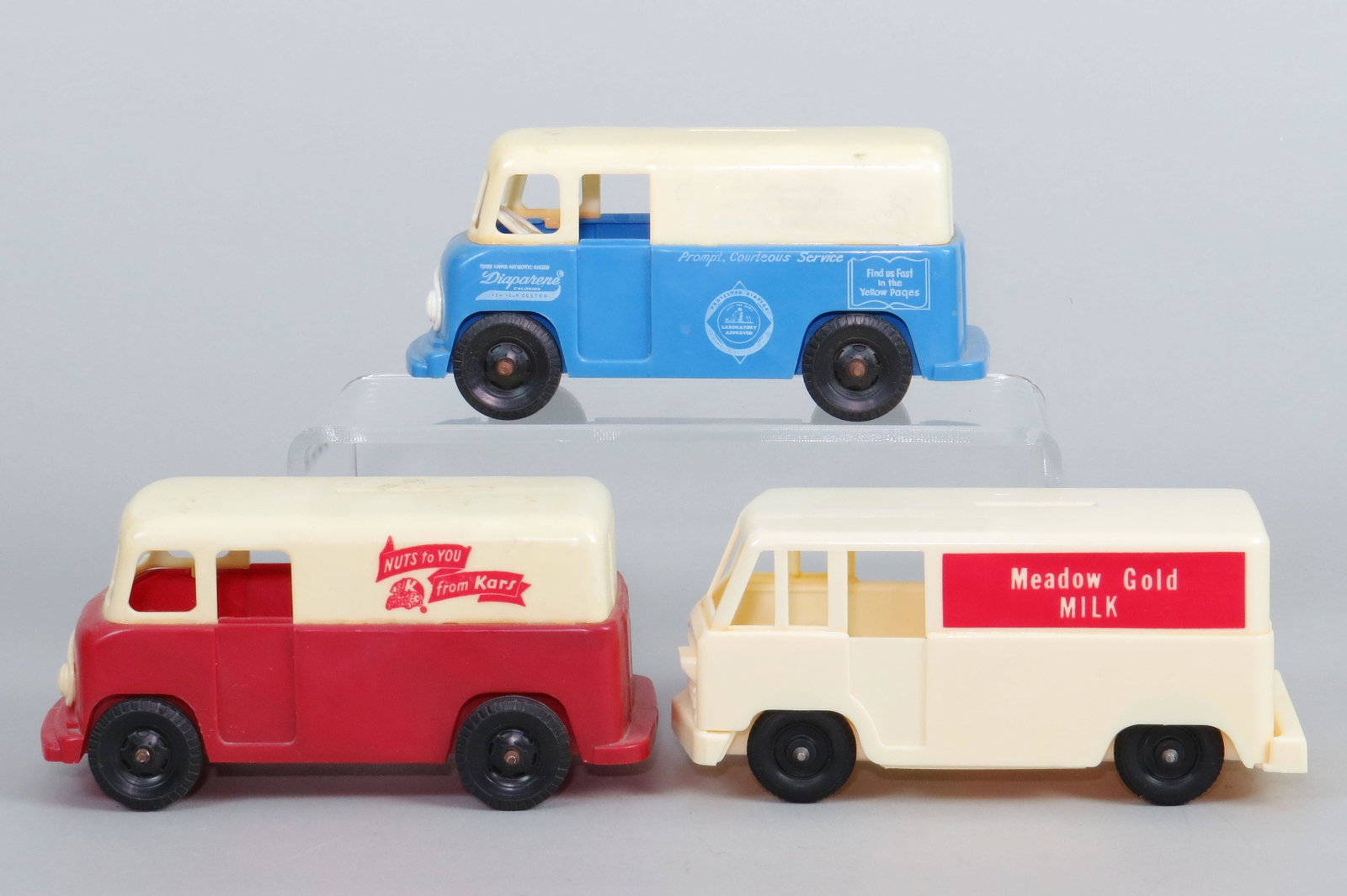 Lot of 3 Plastic Delivery Truck Adv. Banks: 3 Delivery Truck Adv. Banks, Plastic: "Diaparene" "Nuts to You From Kars" "Meadow Gold Milk"
