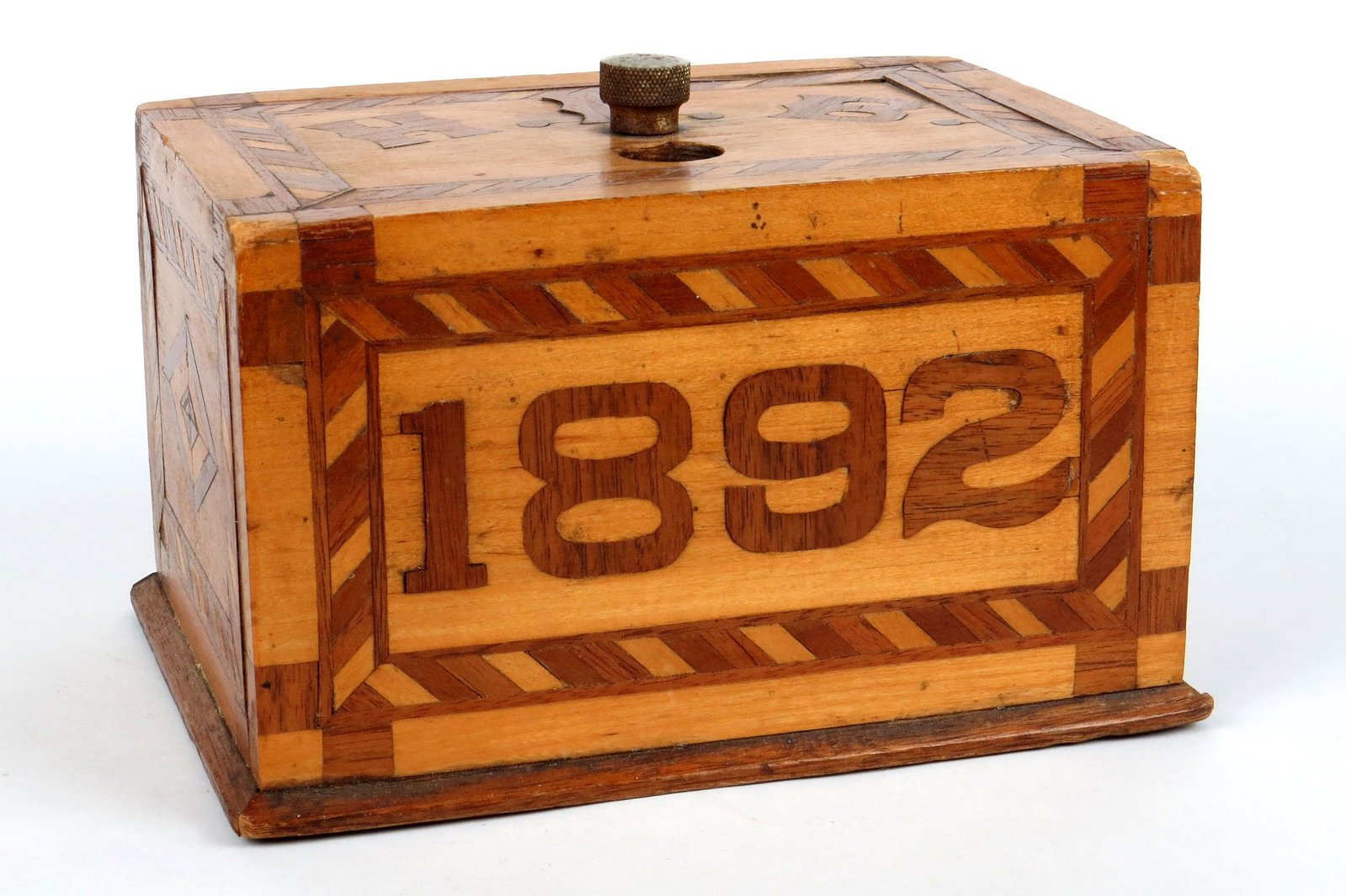 Wood "1892 H. F. B." Bank: "1892 H. F. B." Bank, Wood, Hand made inlaid wood bank, semi-mechanical