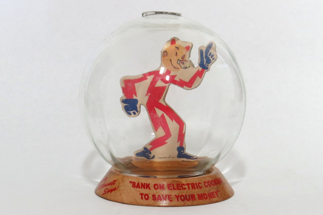 Glass/Wood "Reddy Kilowatt" Bubble Bank (1 of 3)