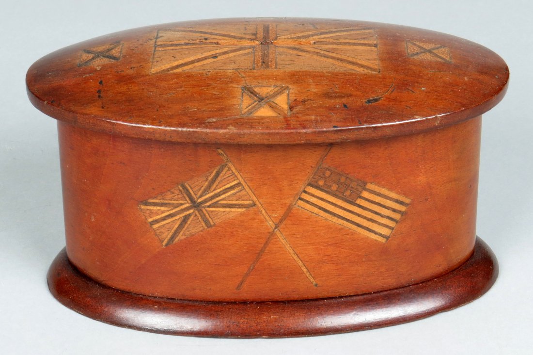 Wood Oval Box w/English and American Flags Bank: Oval Box w/English and American Flags Bank, Wood