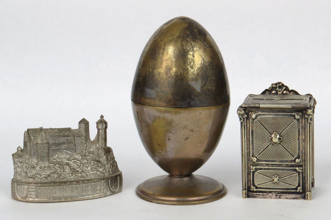 Lot of 3 Silvered Lead Misc. Banks: 3 Misc. Banks, Silvered Lead: "Burg Nurnberg"; Egg on Base, 5 1/2"; Chest, 3 3/8"