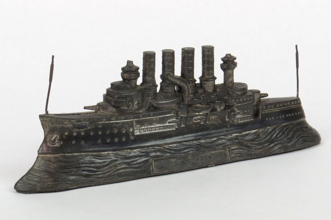 Lead German Warship Bank: German Warship Bank, Lead, Marked "SMS ROON", Has masts and guns intact