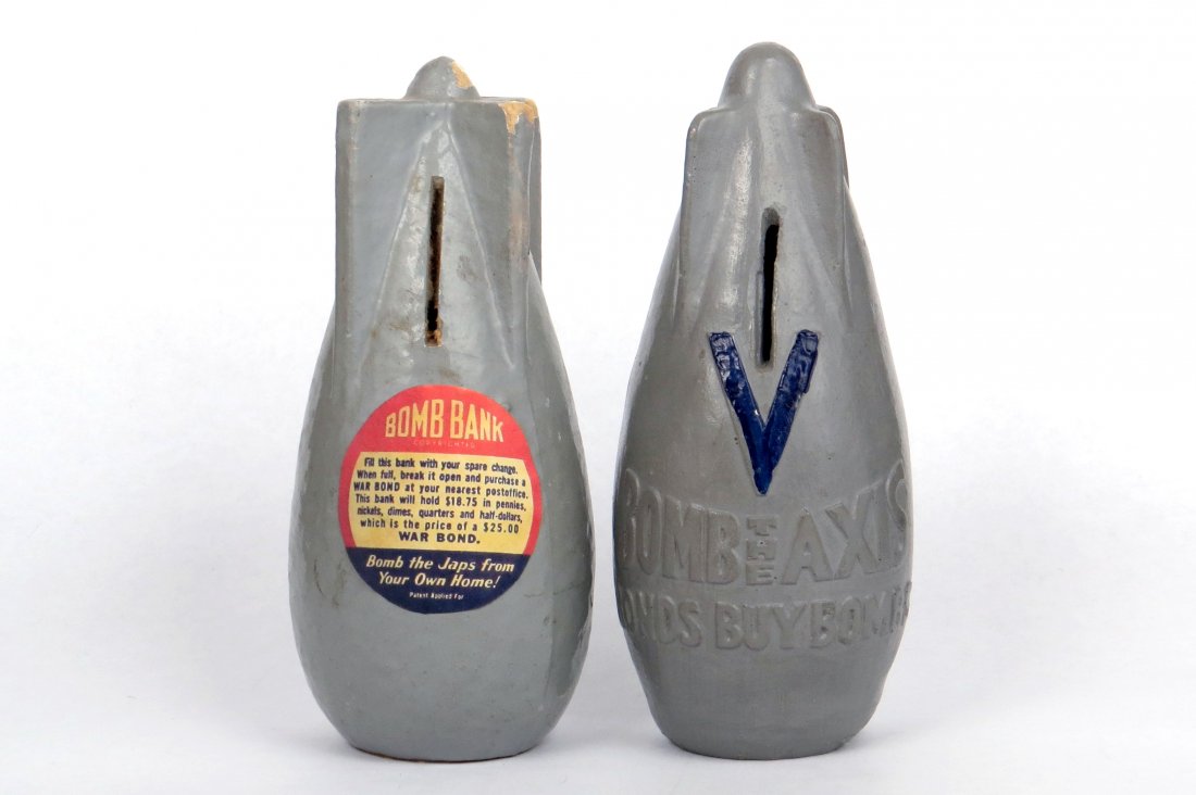 Lot of 2 Compo/Chalk Bomb Banks: 2 Bomb Banks, Compo/Chalk: "Bomb Bank", "Bomb the Japs from Your Own Home"; 8", "Bomb the Axis, Bonds by Bombs"
