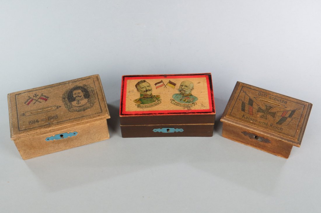Wood Lot of 3 Small Document Box Banks: 3 Small Document Box Banks, Wood: "1914-1916 Hindenburg"; "Wilhelm Kaiser - Franz Josef"; Flags "Gott schutze - Kaiser und Reich"