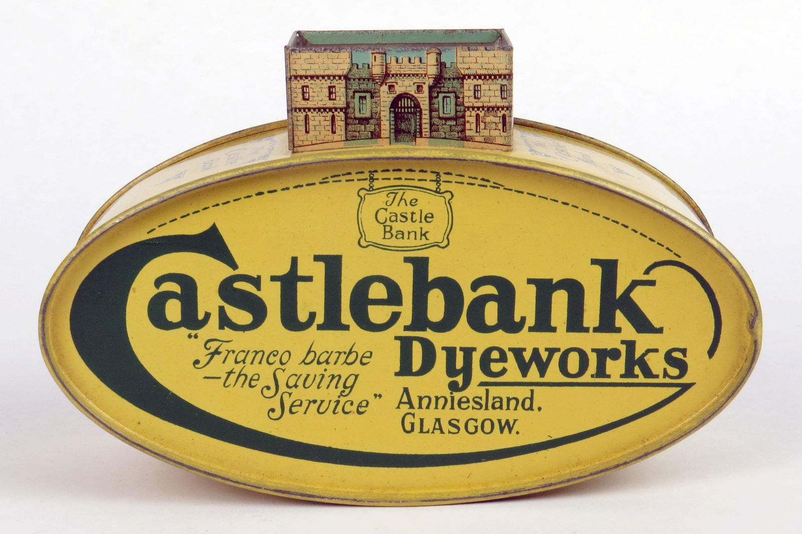 Tin "Castle Bank Dyeworks" Bank (1 of 3)