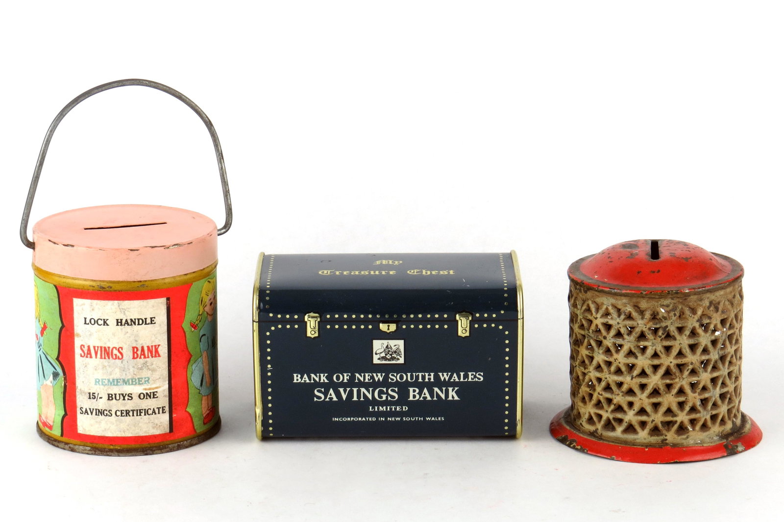 Lot of 3 Misc. Banks: 3 Misc. Banks, Tin: War Savings Pail, Handle is the lock; Punched Tin, Circa 1870s-1880s; "New South Wales Savings Bank"