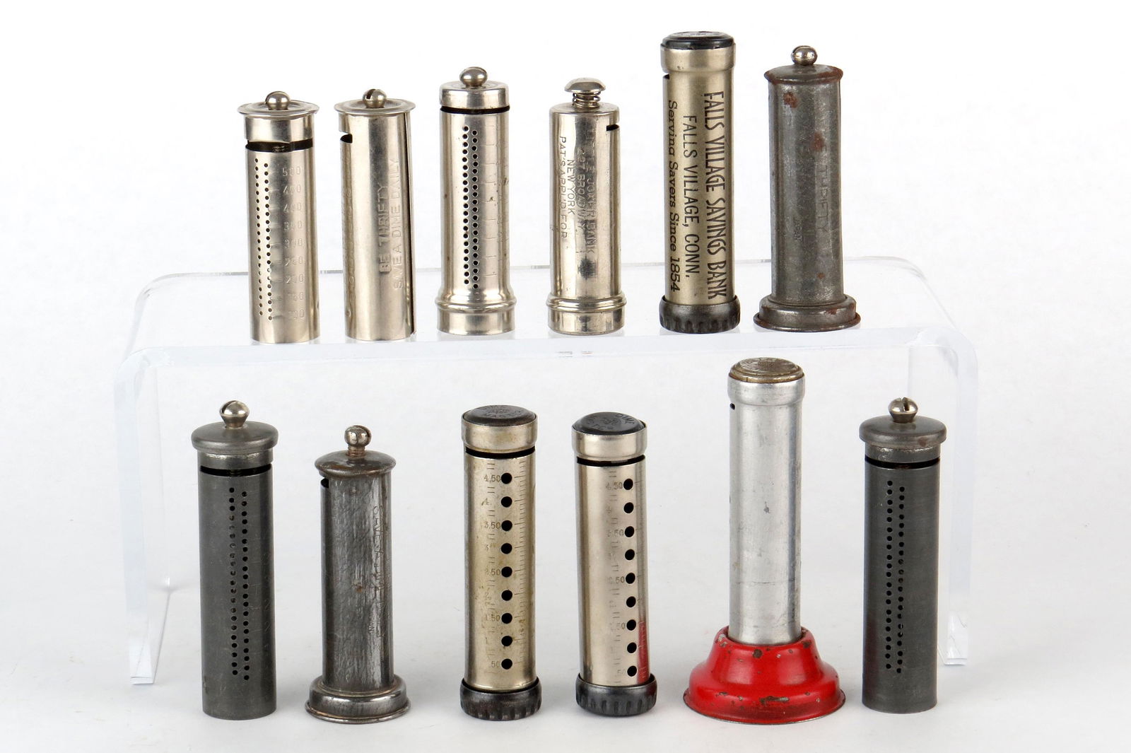 Lot of 12 Pocket Dime Tube Banks: 12 Pocket Dime Tube Banks, Tin