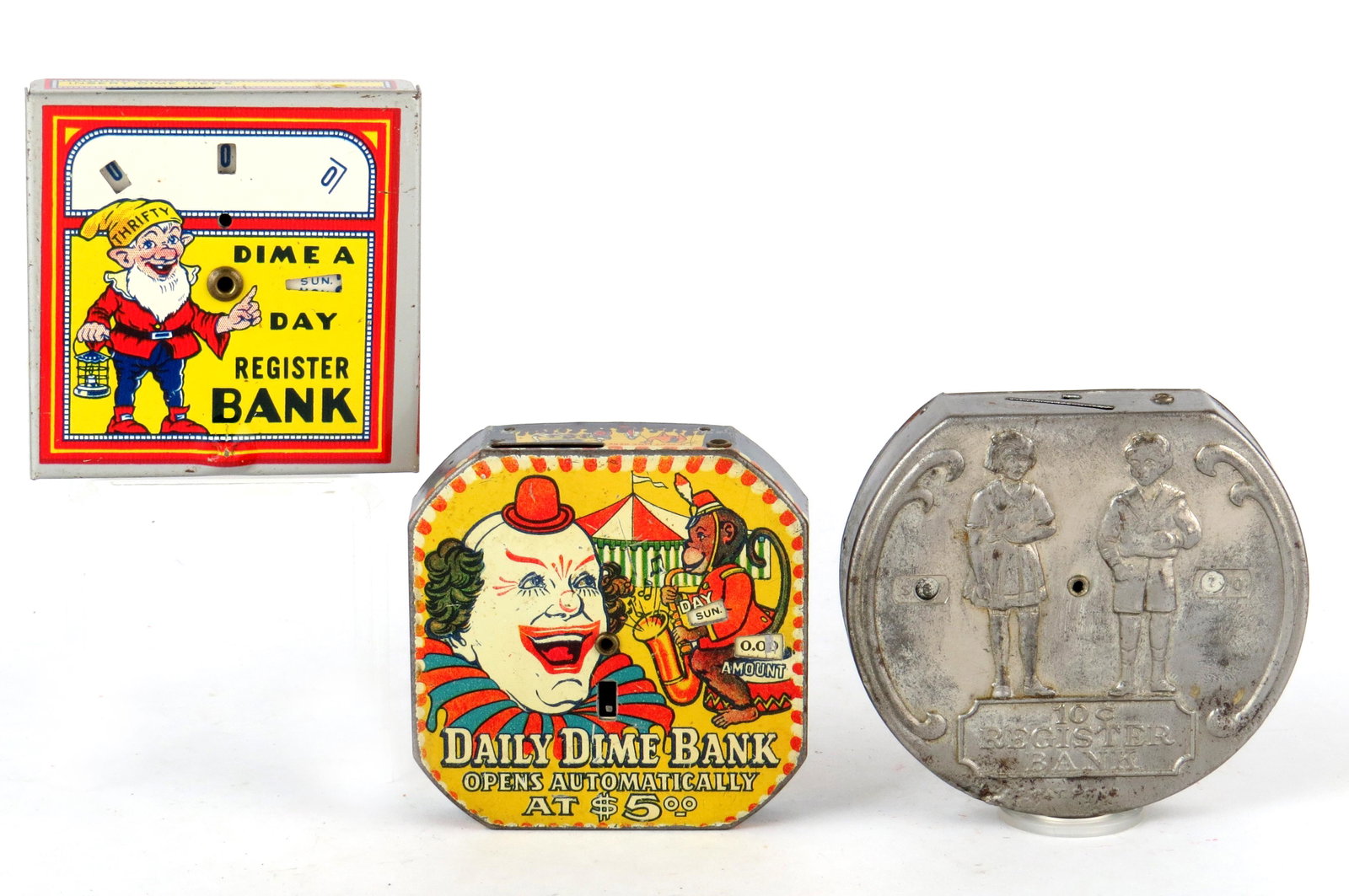 Lot of 3 Dime Register Banks: 3 Dime Register Banks, Tin: "Thrifty" Elf "Dime a Day Register Bank"; Clown "Daily Dime Bank"; Girl and Boy "Register Bank", Issues on front