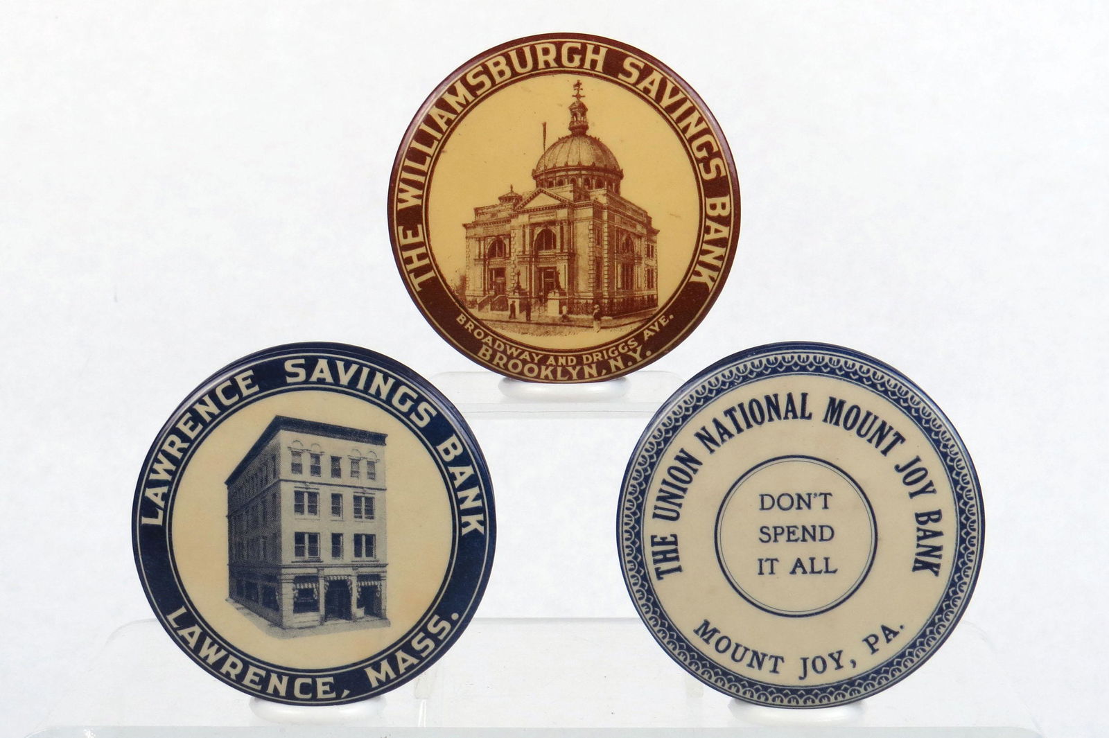 Lot of 3 Pocket Banks: 3 Pocket Banks, Celluloid: "Lawrence Savings Bank - Lawrence, Mass"; "The Williamsburgh Savings Bank - Brooklyn, NY"; "The Union National Mount Joy Bank - Mount Joy, Pa"
