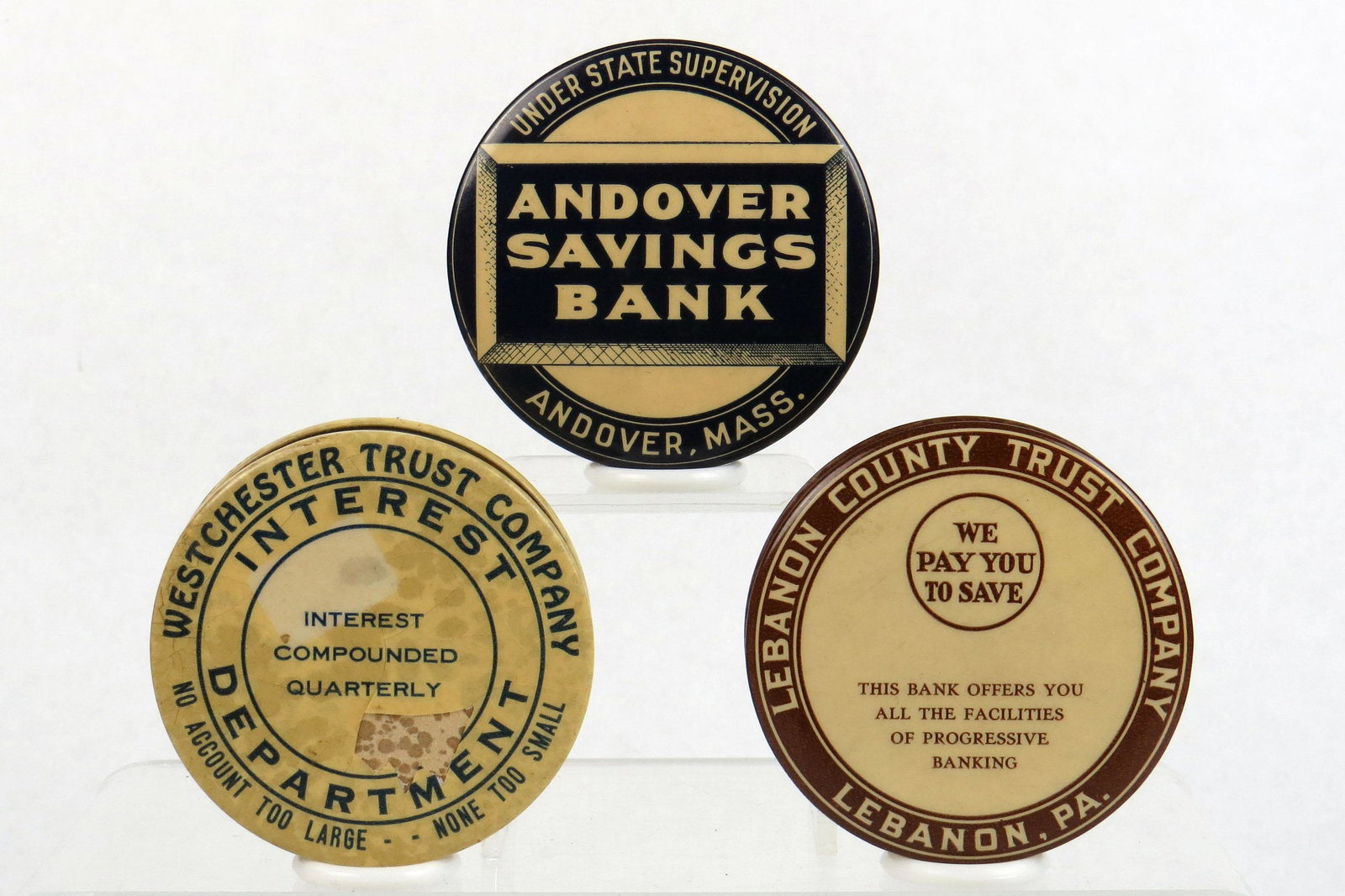 Lot of 3 Pocket Banks: 3 Pocket Banks, Celluloid: "West Chester Trust Company", Cracking on front and back; Andover Savings Bank - Andover, Mass"; "Lebanon County Trust Company - Lebanon, Pa"