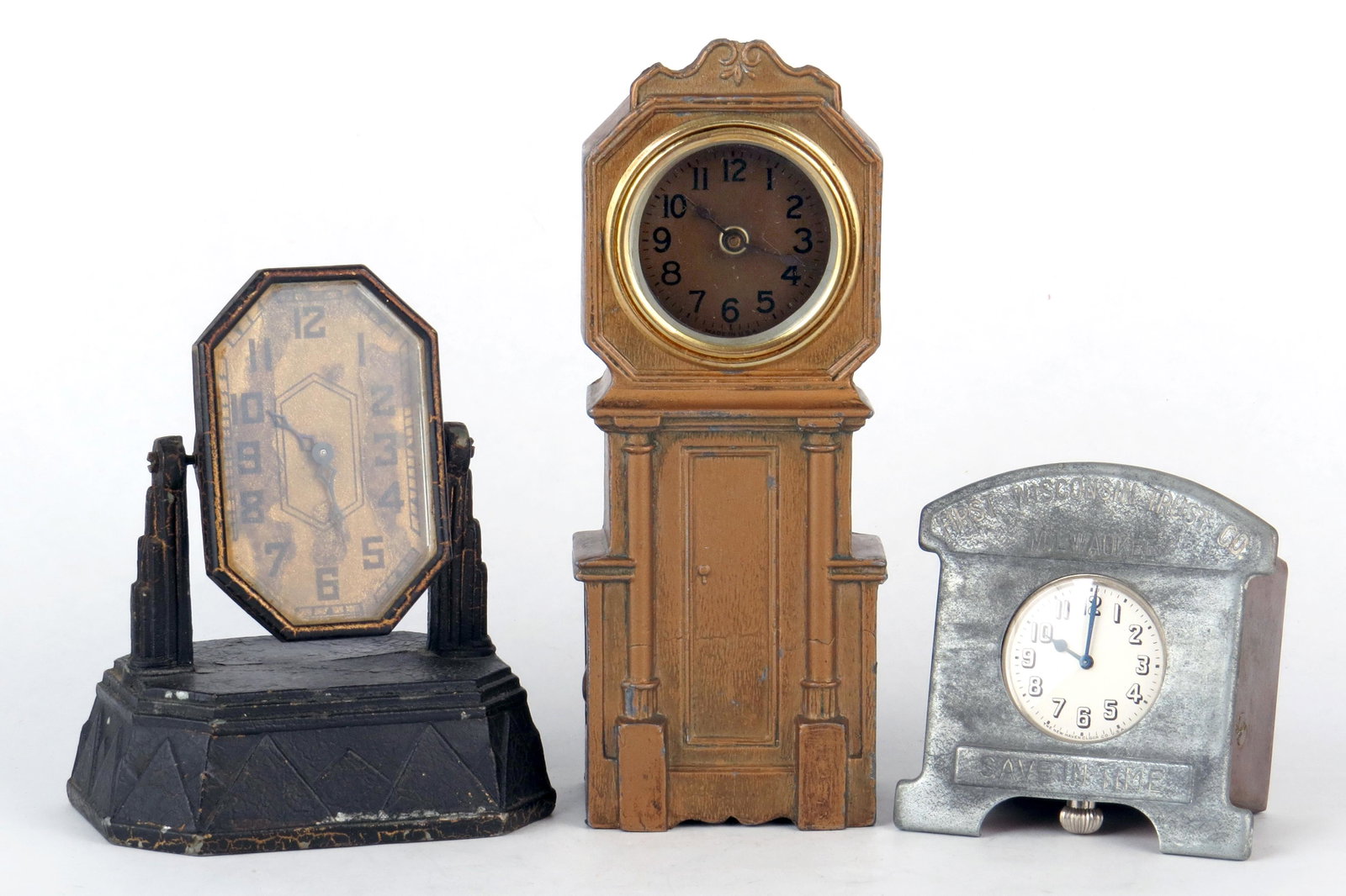 Lot of 3 Clock Banks: 3 Clock Banks, Tin/PM: Hall Clock (center) is missing bottom