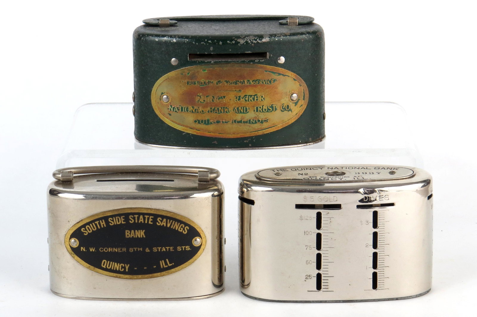 Lot of 3 "Quincy" Banks: 3 "Quincy" Banks, Metal: "South Side State Savings Bank"; "Quincy - Ricker National Bank & Trust Co."; "The Quincy National Bank"