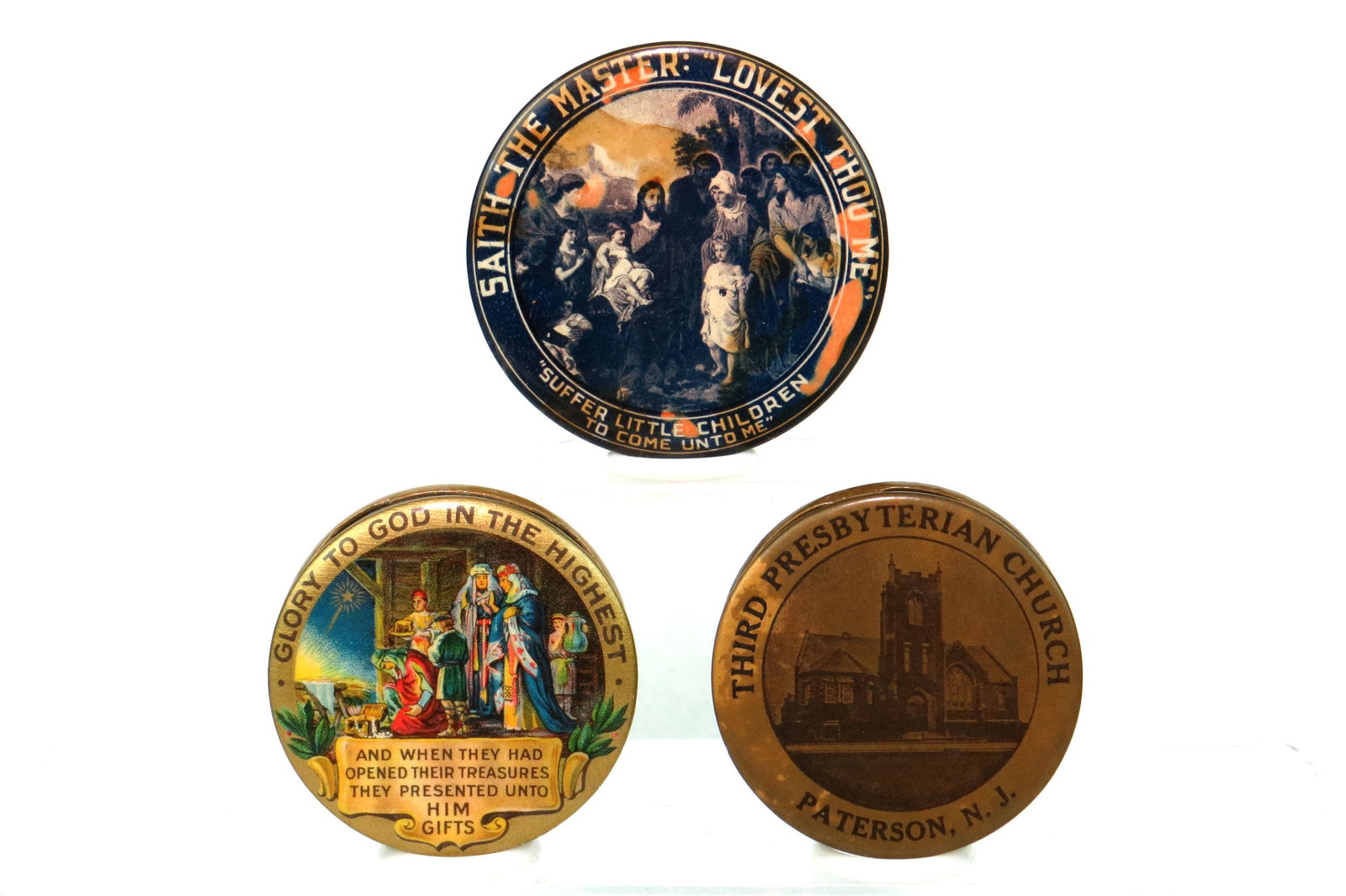 Lot of 3 Pocket Banks Religious Related: 3 Pocket Banks Religious Related, Celluloid: Christmas; "Saith the Master: Lovest thou Me", Serious staining on front; "Third Presbyterian Church - Patterson, NJ"