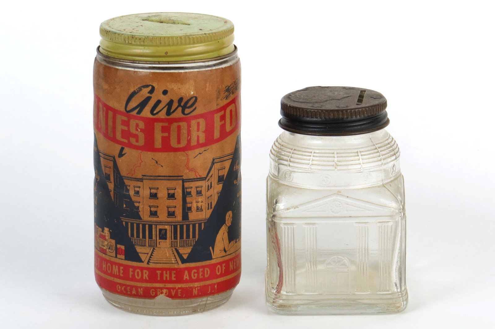 Lot of 2 Glass Banks: 2 Glass Banks: "Give Pennies for Food - Methodist Home for the Aged of New Jersey", 4 3/8"; Administration Building, M1250, 3 1/4"