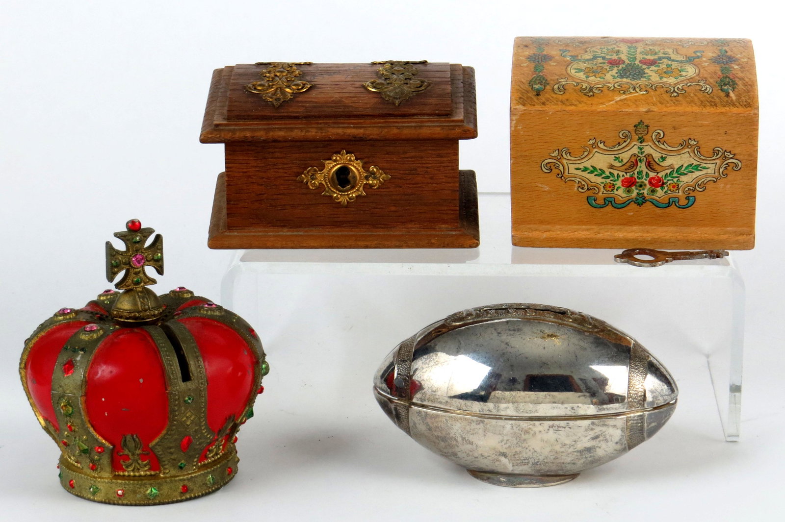 Lot of 4 Still Banks: 4 Still Banks, PM/Wood: Crown, has key; Decorated Wood Box; Decorated Wood Box w/key; Football