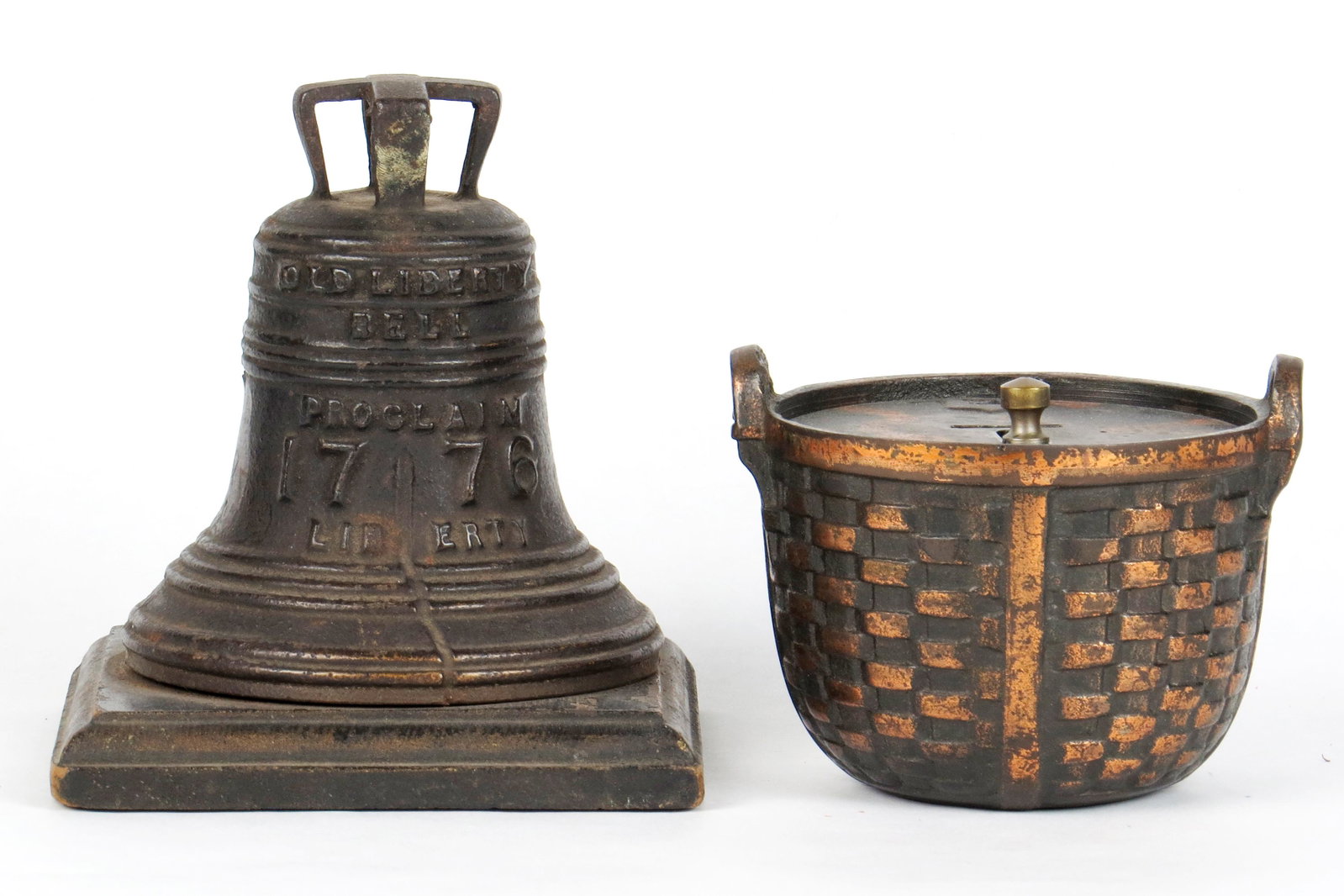 Lot of 2 Banks: 2 Banks, CI/Wood: "1776 - 1876" Liberty Bell on Wood Base; Woven Basket