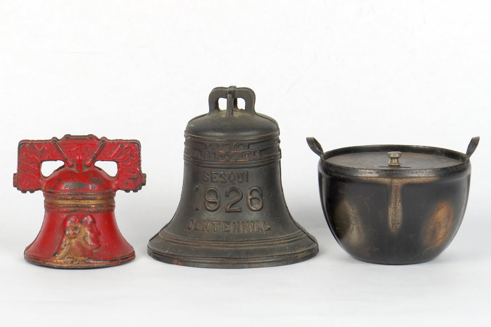 Lot of 3 Misc. Banks: 3 Misc. Banks, CI/Sheet Steel: Washington Bell "1732-1932"; Basket; "1776-1926 Centennial Bell"