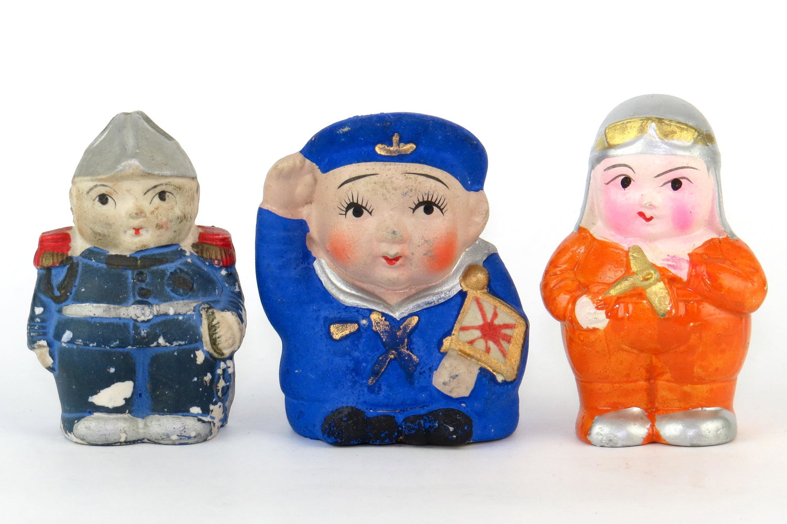 Lot of 3 Japanese War Figural Banks: 3 Japanese War Figural Banks, Ceramic: Officer; Saluting Figure w/Flag; Pilot Holding Toy Airplane