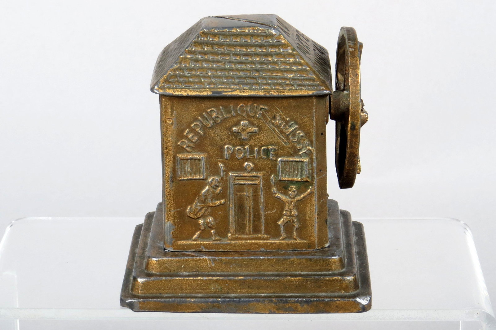 "Au Porte Ronheur" Bank: "Au Porte Ronheur" Bank, Lead, 3 5/8", Building w/wheel, Loose at base