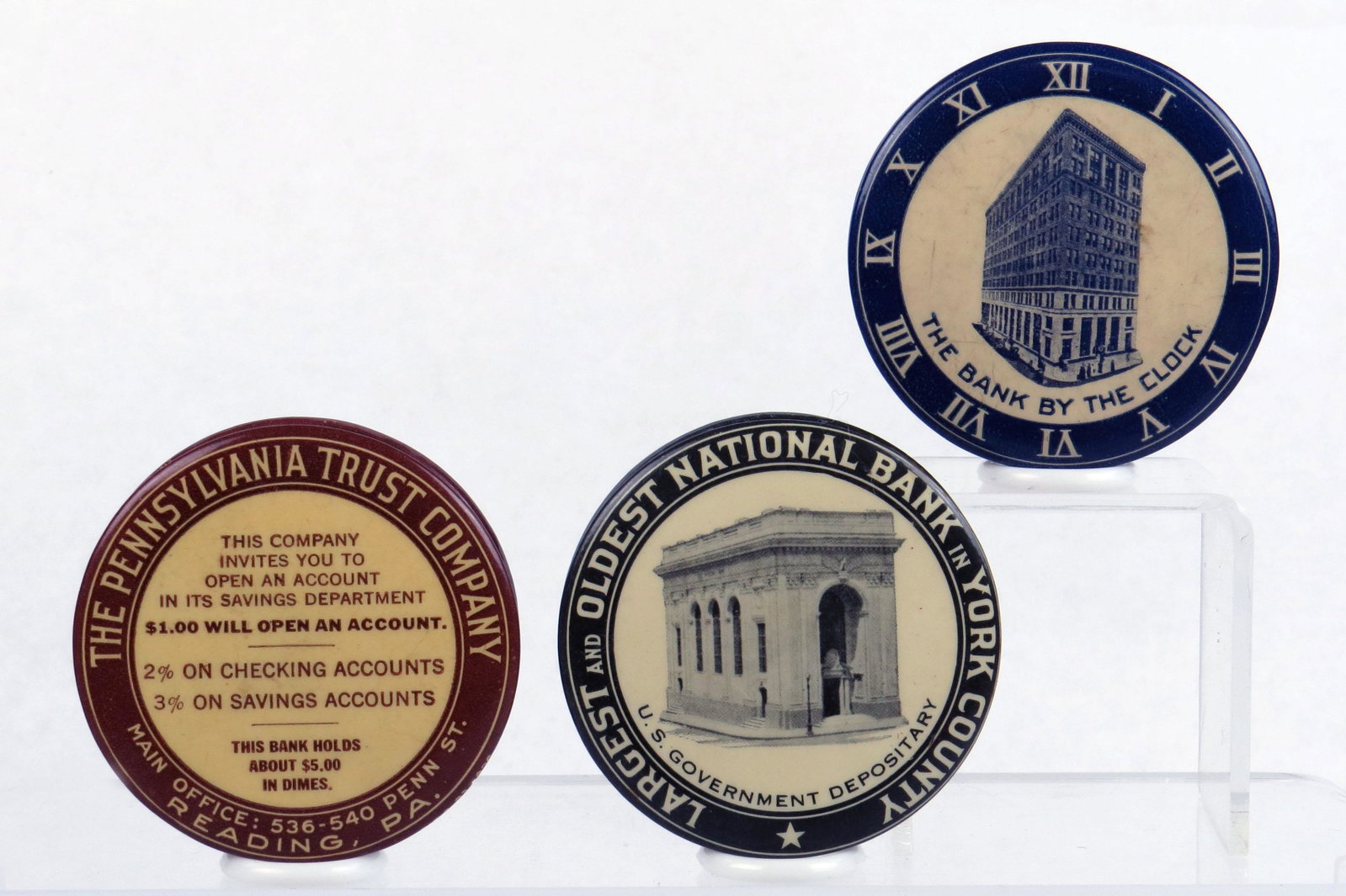 Lot of 3 Pocket Banks: 3 Pocket Banks, Celluloid: "The Pennsylvania Trust Company - Reading, Pa"; "First National Bank - York, Pa"; "Third National Bank - Springfield, Mass"