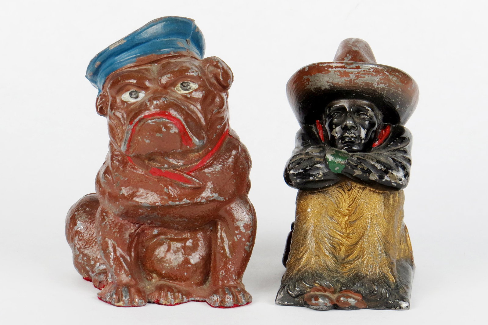 Lot of 2 Banks: 2 Banks, Lead: Bulldog w/Sailor Hat, Felt covered bottom; Seated Cowboy, Trap issues