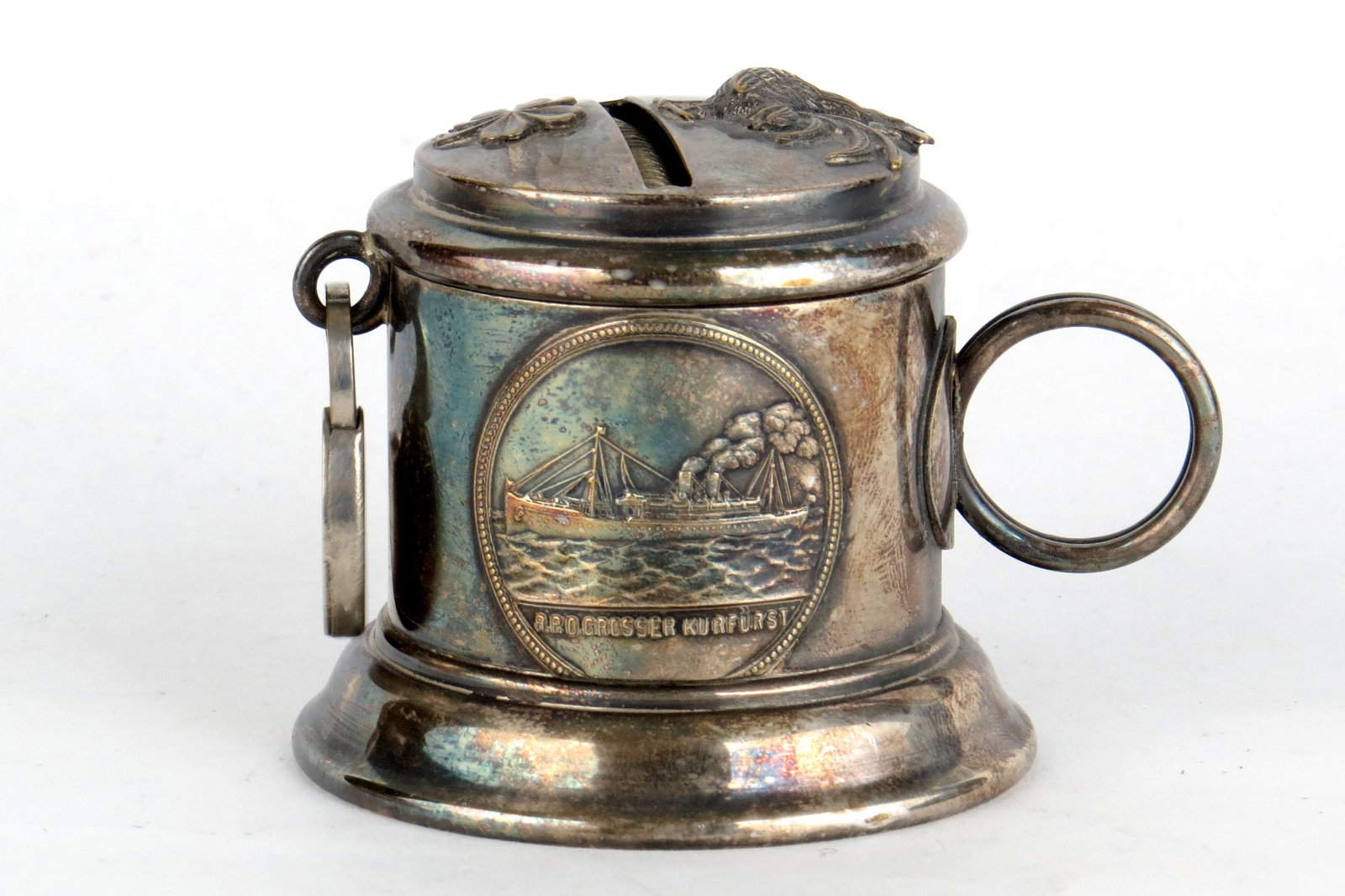 Cup Bank: Cup Bank, Silvered tin, Has rooster on top, 2 1/4", Medallion marked "R. P. D. Grosser Kurfurst", Has padlock