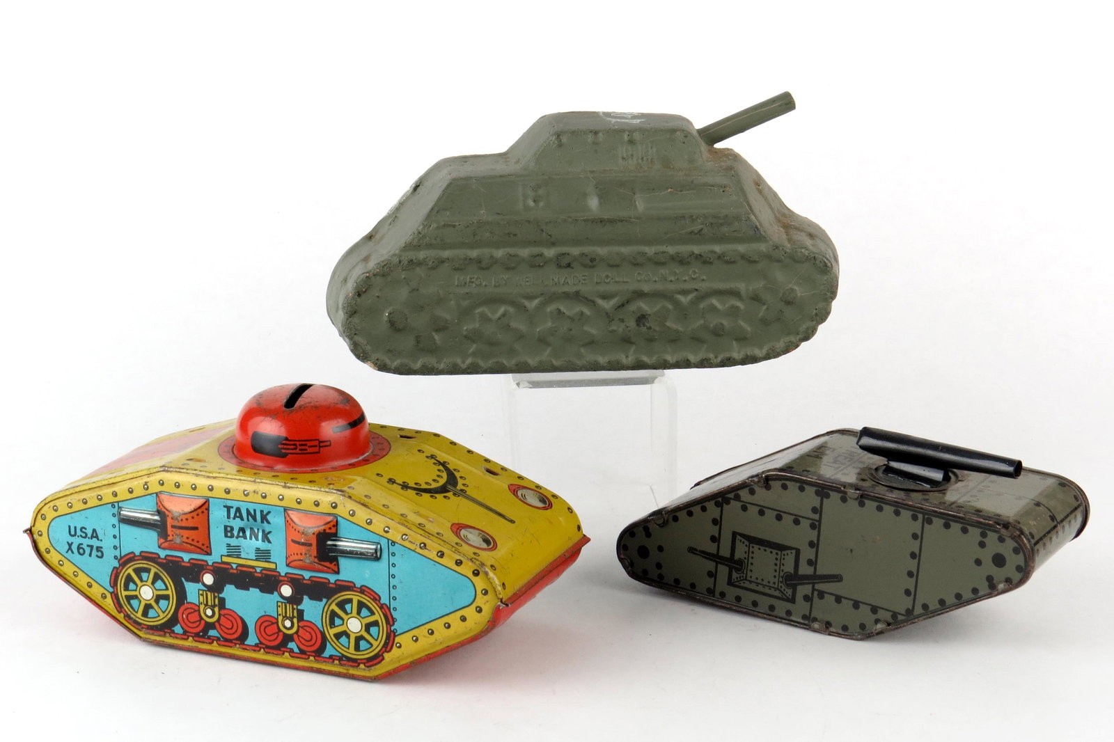 Lot of 3 Tank Banks: 3 Tank Banks, PM/Tin: Papier Mache; "Treat 'em Rough" Tank; "Tank Bank"