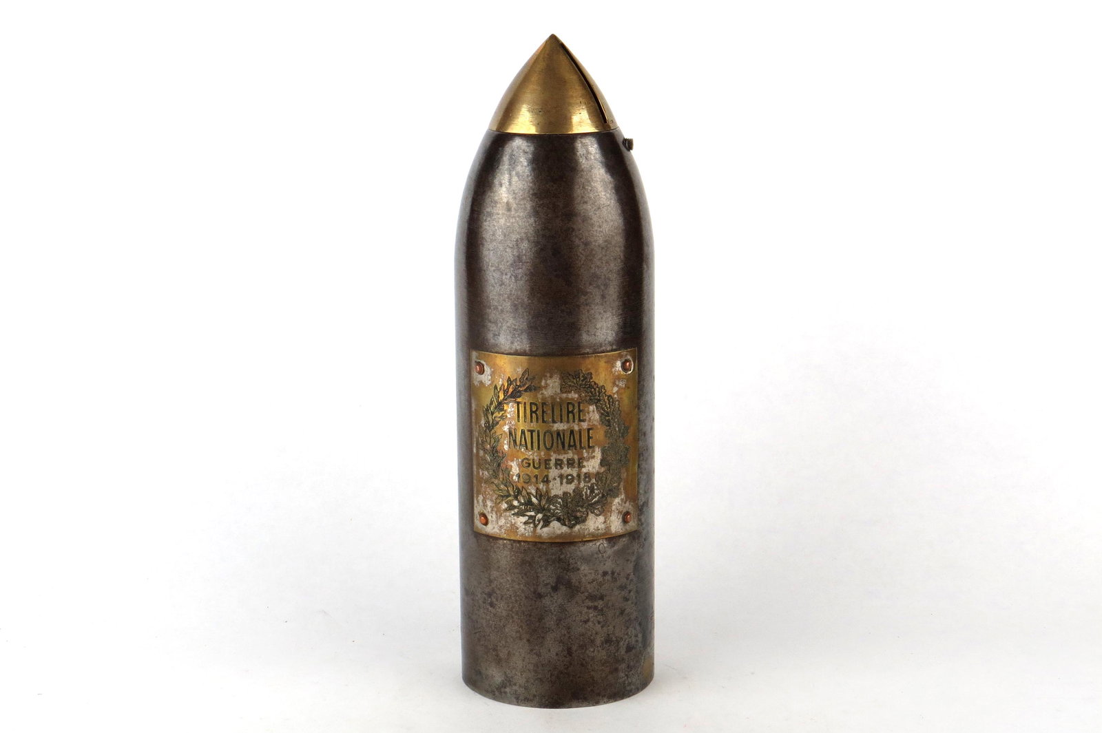 WWI Heavy Shell: WWI Heavy Shell, Metal, Marked "1918", "Tirelire Nationale - Guerre - 1914 - 1918", 9 7/8" tall